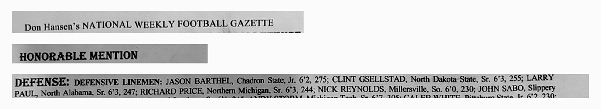 Crop of Don Hansen's National Weekly Football Gazette showing the honorable-mention heading, the defensive-linemen subheading and the printed line for Nick Reynolds, Millersville, So., 6'0, 230.